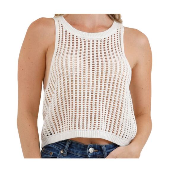Love Tree Open Knit Top Blouse Sleeveless Cream Large Boho Festival Beach Hippie - Picture 1 of 11